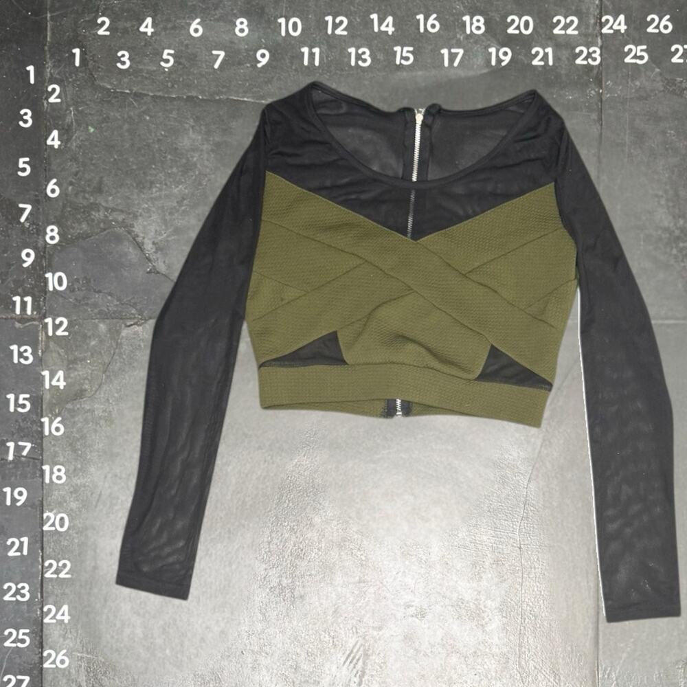 Charlotte Russe Olive Green and Black Mesh Long Sleeve Bandage Crop Top